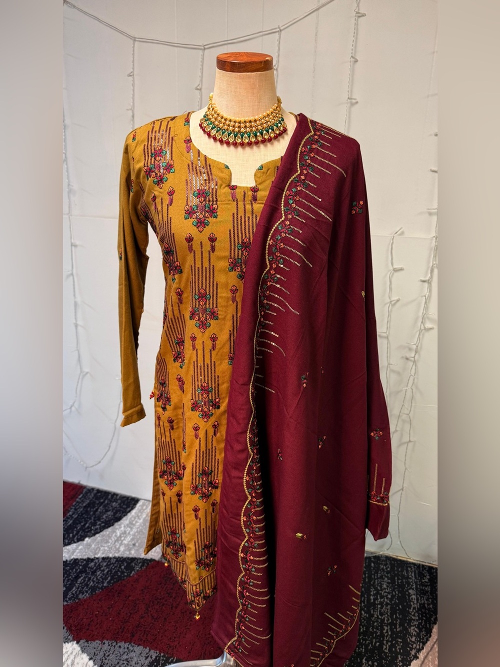 Mustard Floral Embroidered Kurta with Maroon Dupatta - Women Dresses